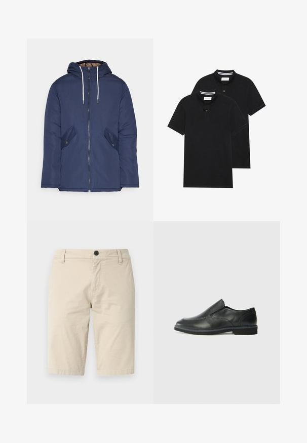 Granatowa pikowana kurtka z kapturem, z zamkiem z przodu, dwoma bocznymi kieszeniami z guzikami oraz białymi sznurkami.; Dwie czarne koszulki polo z krótkim rękawem, wykonane z materiału bawełnianego, z klasycznym kołnierzykiem, z zapięciem na dwa guziki oraz białymi paskami wewnątrz kołnierza.; Beżowe szorty wykonane z lekkiego materiału, z płaskim przodem, pojedynczym zapięciem na guzik oraz dwoma bocznymi kieszeniami; gładka tekstura.; Czarne skórzane buty wsuwane z gładką cholewką, przeszyciami, okrągłym noskiem i niskim gumowym obcasem. Podeszwa ma minimalny bieżnik.