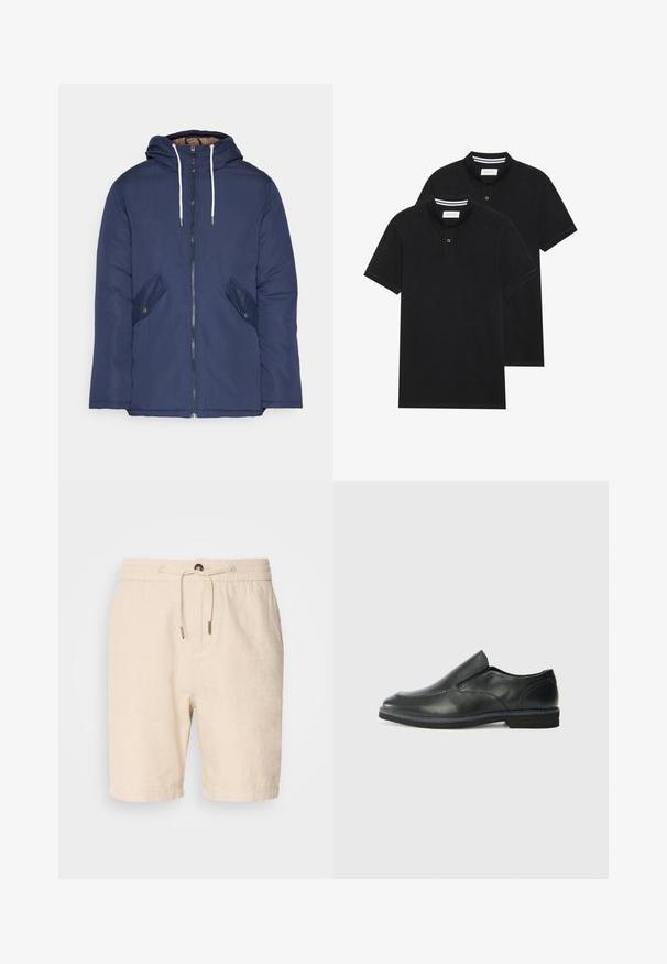 Sötétkék bélelt dzseki kapucnival, elülső cipzárral, két oldalsó zsebbel gombokkal és fehér húzózsinórokkal.; Két fekete pólóing, rövid ujjú, pamut anyagból készült, klasszikus gallérral, két gombos gombolással, és fehér csíkos díszítéssel a gallér belső részén.; Scotch & Soda SEASONAL CORE BERMUDA - Rövidnadrágok - soft camel; Fekete bőr, slip-on cipő sima felsőrésszel, varrott díszítéssel, lekerekített orral és alacsony gumitalppal. A talpa minimális bordázattal rendelkezik.