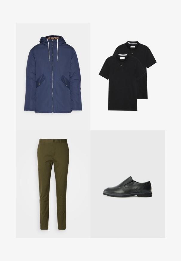 Veste matelassée bleu marine avec capuche, dotée d'une fermeture éclair à l'avant, de deux poches latérales avec boutons et de cordons de serrage blancs.; Deux polos noirs, à manches courtes, en coton, avec un col classique, une patte de boutonnage à deux boutons, et des accents rayés blancs à l'intérieur du col.; Pantalons vert olive en coton lisse, dotés d'une fermeture à bouton, d'une coupe ajustée et de détails de couture minimalistes sur la taille.; Chaussure slip-on en cuir noir avec une tige lisse, des accents cousus, un bout arrondi et un petit talon en caoutchouc. La semelle présente un profil de traction minimal.