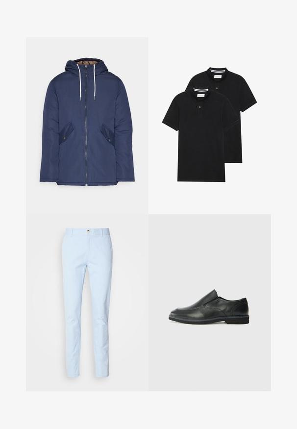 Σακάκι ναυτικού μπλε με επένδυση και κουκούλα, με φερμουάρ μπροστά, δύο πλάγιες τσέπες με κουμπιά και λευκές κορδόνες.; Δύο μαύρα πόλο πουκάμισα, κοντομάνικα, από βαμβακερό υλικό, με κλασικό γιακά, πατιλέτα με δύο κουμπιά και λευκές ριγέ λεπτομέρειες μέσα στον γιακά.; Απαλά μπλε βαμβακερά chinos σε στενή γραμμή, με φερμουάρ, κλείσιμο με ένα κουμπί και μπροστινές τσέπες. Λείος υφασμάτινος χαρακτήρας και μινιμαλιστικός σχεδιασμός.; Μαύρο δερμάτινο παπούτσι χωρίς κορδόνια με λείο επάνω μέρος, ραφές, στρογγυλή μύτη και χαμηλό λάστιχο τακούνι. Η σόλα διαθέτει ελάχιστο σχέδιο.