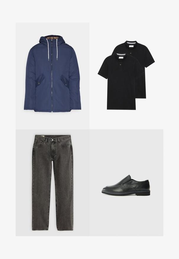 Sötétkék bélelt dzseki kapucnival, elülső cipzárral, két oldalsó zsebbel gombokkal és fehér húzózsinórokkal.; Két fekete pólóing, rövid ujjú, pamut anyagból készült, klasszikus gallérral, két gombos gombolással, és fehér csíkos díszítéssel a gallér belső részén.; Fekete elhalványodott egyenes lábú farmernadrág, öt zsebbel, gombos záródással és övhurkokkal, fehér háttéren lefektetve.; Fekete bőr, slip-on cipő sima felsőrésszel, varrott díszítéssel, lekerekített orral és alacsony gumitalppal. A talpa minimális bordázattal rendelkezik.