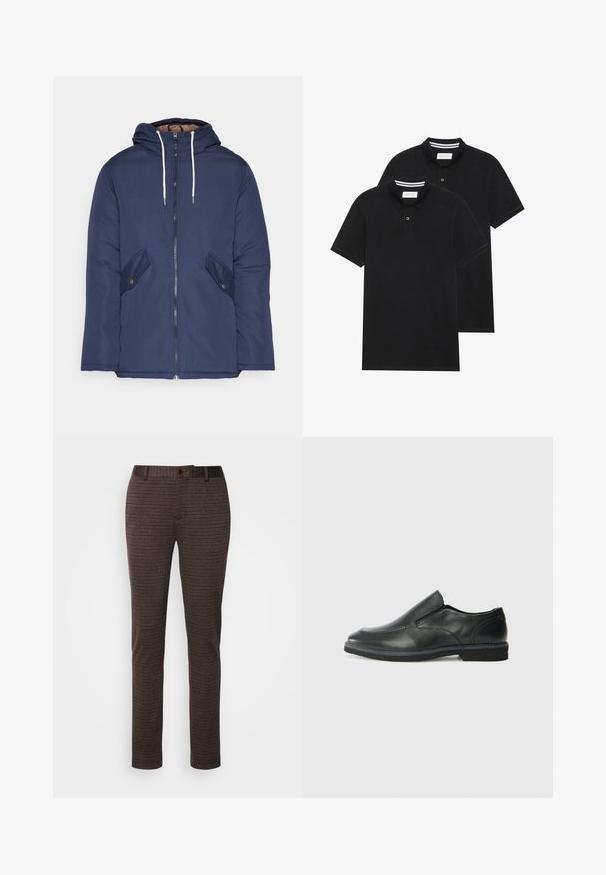Sötétkék bélelt dzseki kapucnival, elülső cipzárral, két oldalsó zsebbel gombokkal és fehér húzózsinórokkal.; Két fekete pólóing, rövid ujjú, pamut anyagból készült, klasszikus gallérral, két gombos gombolással, és fehér csíkos díszítéssel a gallér belső részén.; Barna mintás nadrág egyenes szabással, gombos záródással és övhurkokkal. Texturált anyagból készült, függőleges csíkokkal.; Fekete bőr, slip-on cipő sima felsőrésszel, varrott díszítéssel, lekerekített orral és alacsony gumitalppal. A talpa minimális bordázattal rendelkezik.