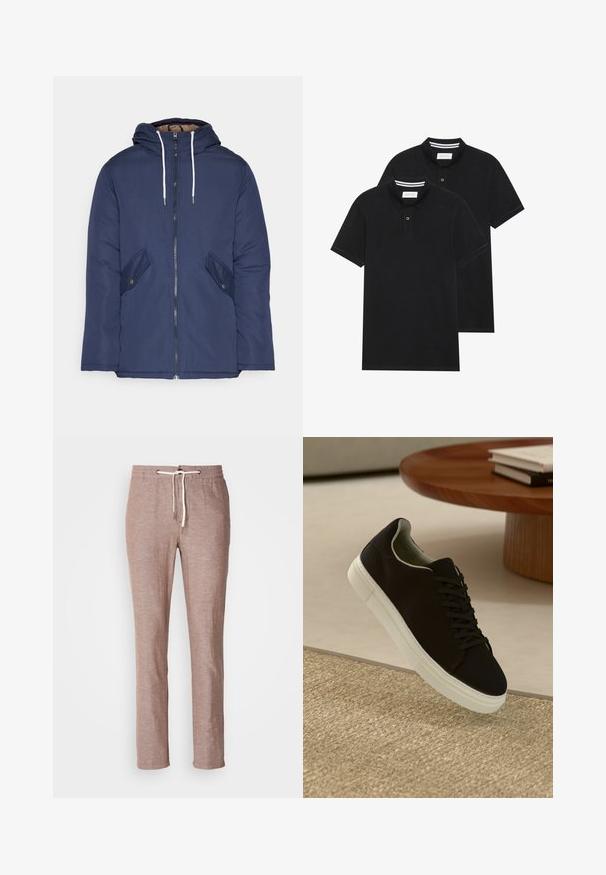Marineblauwe gewatteerde jas met een capuchon, voorzien van een rits aan de voorkant, twee zijzakken met knopen en witte trekkoorden.; Twee zwarte polo shirts, met korte mouwen, van katoen, met een klassieke kraag, een knoopsluiting met twee knopen en witte gestreepte accenten aan de binnenkant van de kraag.; Lichtbruine linnen broek met een trekkoord in de taille, recht gesneden pijpen en een licht gestructureerd oppervlak. Geen extra zakken of versieringen.; Zwarte sneaker met witte zool die boven een beige gestructureerd tapijt zweeft, nabij een ronde houten tafel met gestapelde boeken.