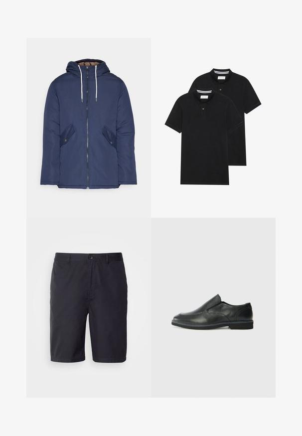 Navy blue padded jacket with a hood, featuring a front zipper, two side pockets with buttons, and white drawstrings.; Two black polo shirts, short-sleeved, cotton material, featuring a classic collar, two-button placket, and white striped accents inside the collar.; Navy blue shorts made of lightweight cotton fabric, featuring a button closure, belt loops, and a straight cut above the knee.; Black leather slip-on shoe with a smooth upper, stitched accents, rounded toe, and a low rubber heel. Sole features minimal tread.