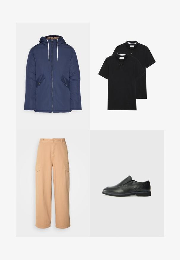 Mørkeblå polstret jakke med hætte, fremhævet af en frontlynlås, to sidelommer med knapper og hvide snore.; To sorte polo T-shirts, kortærmede, lavet af bomuldsstof, med en klassisk krave, to-knaps placket og hvide stribede detaljer indeni kraven.; Beige bredde cargo bukser lavet af letvægtsstof, med to sidelommer og knaplukning i taljen. Blød tekstur.; Sorte læder slip-on sko med en glat overdel, syede detaljer, rund tå og en lav gummihæl. Sålen har minimal profil.
