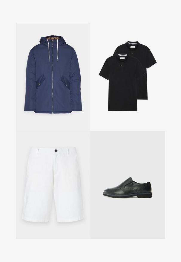 Navy blue padded jacket with a hood, featuring a front zipper, two side pockets with buttons, and white drawstrings.; Two black polo shirts, short-sleeved, cotton material, featuring a classic collar, two-button placket, and white striped accents inside the collar.; White linen shorts with a relaxed fit, featuring a single button closure, belt loops, and side pockets. Smooth texture and straight hem.; Black leather slip-on shoe with a smooth upper, stitched accents, rounded toe, and a low rubber heel. Sole features minimal tread.
