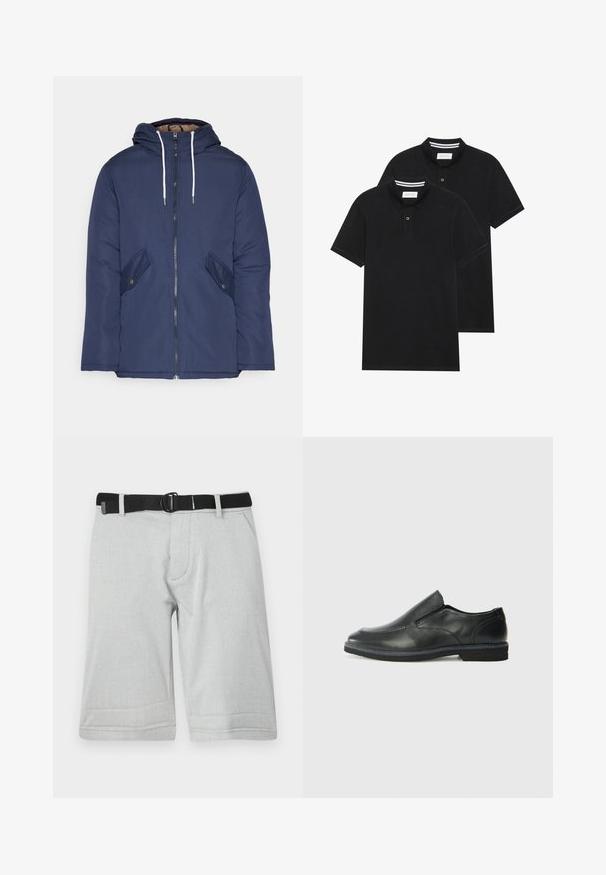 Navy blue padded jacket with a hood, featuring a front zipper, two side pockets with buttons, and white drawstrings.; Two black polo shirts, short-sleeved, cotton material, featuring a classic collar, two-button placket, and white striped accents inside the collar.; Light gray shorts with a textured fabric, featuring a black adjustable belt and two side pockets, hemmed at the knee with a straight cut.; Black leather slip-on shoe with a smooth upper, stitched accents, rounded toe, and a low rubber heel. Sole features minimal tread.