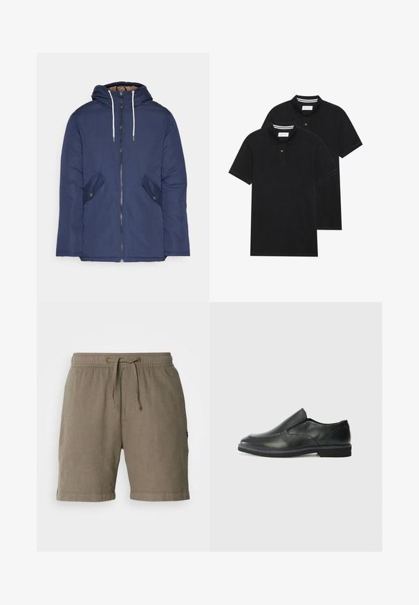 Veste matelassée bleu marine avec capuche, dotée d'une fermeture éclair à l'avant, de deux poches latérales avec boutons et de cordons de serrage blancs.; Deux polos noirs, à manches courtes, en coton, avec un col classique, une patte de boutonnage à deux boutons, et des accents rayés blancs à l'intérieur du col.; Shorts en lin beige avec une taille élastique et un cordon de serrage. Comprend des poches latérales et des ourlets retroussés pour un ajustement décontracté.; Chaussure slip-on en cuir noir avec une tige lisse, des accents cousus, un bout arrondi et un petit talon en caoutchouc. La semelle présente un profil de traction minimal.