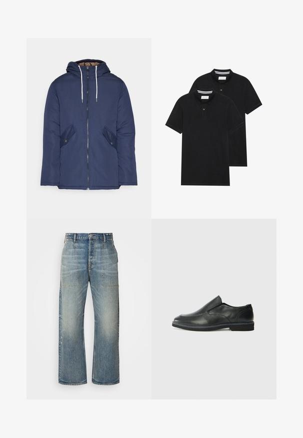 Námorně modrá prošívaná bunda s kapucí, která má přední zip, dvě boční kapsy s knoflíky a bílé šňůrky.; Dvě černé polokošile s krátkým rukávem z bavlny, s klasickým límcem, dvouknoflíkovou légou a bílými pruhovanými akcenty uvnitř límce.; Světle modré džíny s širokými nohavicemi, vysokým pasem, dvěma předními kapsami a jemným vyblednutím. Klasický design s pěti kapsami.; Černá kožená nazouvací bota s hladkým svrškem, prošívanými detaily, zaoblenou špičkou a nízkým gumovým podpatkem. Podešev má minimální vzorek.