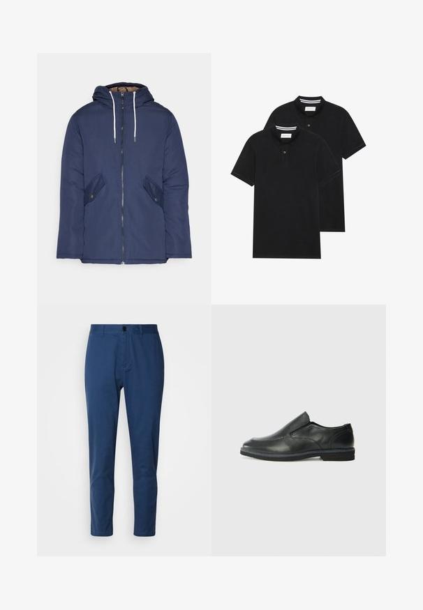 Σακάκι ναυτικού μπλε με επένδυση και κουκούλα, με φερμουάρ μπροστά, δύο πλάγιες τσέπες με κουμπιά και λευκές κορδόνες.; Δύο μαύρα πόλο πουκάμισα, κοντομάνικα, από βαμβακερό υλικό, με κλασικό γιακά, πατιλέτα με δύο κουμπιά και λευκές ριγέ λεπτομέρειες μέσα στον γιακά.; Ναυτικό μπλε βαμβακερό παντελόνι με λεία υφή, ίσια γραμμή και κουμπί στο μέσο της μέσης. Δεν έχει ορατά σχέδια ή μεταλλικά στοιχεία.; Μαύρο δερμάτινο παπούτσι χωρίς κορδόνια με λείο επάνω μέρος, ραφές, στρογγυλή μύτη και χαμηλό λάστιχο τακούνι. Η σόλα διαθέτει ελάχιστο σχέδιο.