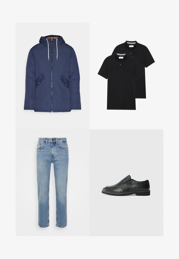 Mornarsko modra podložena jakna s kapuco, ki ima sprednji zadrgo, dva stranska žepa s gumbi in bele vrvice.; Dve črne polo majice, kratke rokave, iz bombažnega materiala, z klasik ovratnikom, dvobodno zaponko in belimi črtkami znotraj ovratnika.; Svijetloplave traperice s ravnim nogavicama, pet džepova i kontrastnim šavovima. Klasično dugme i zatvarač na struku.; Črne usnjene natikače z gladkim zgornjim delom, prišitimi detajli, zaobljenim nosom in nizkim gumijastim petkom. Podplat ima minimalen profil.