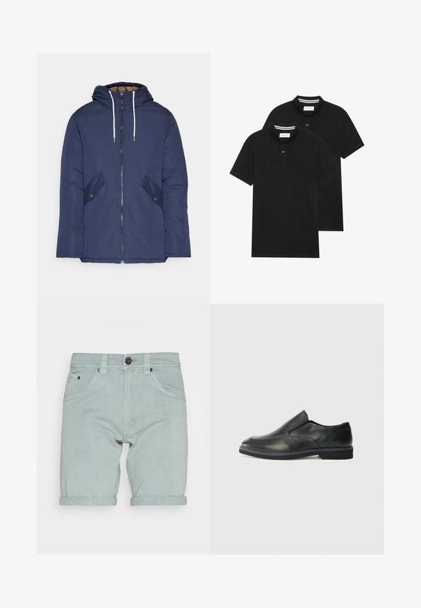 Giacca imbottita blu navy con cappuccio, dotata di zip frontale, due tasche laterali con bottoni e lacci bianchi.; Due magliette polo nere, con maniche corte, in cotone, con colletto classico, pattina a due bottoni e dettagli a righe bianche all'interno del colletto.; Pantaloni shorts in denim azzurro chiaro con orlo arrotolato, dotati di tasche frontali e chiusura con un singolo bottone nero in vita. Texture liscia.; Scarpa nera in pelle con inserto scivolare, superiore liscio, dettagli cuciti, punta arrotondata e tacco in gomma basso. La suola presenta un battistrada minimale.