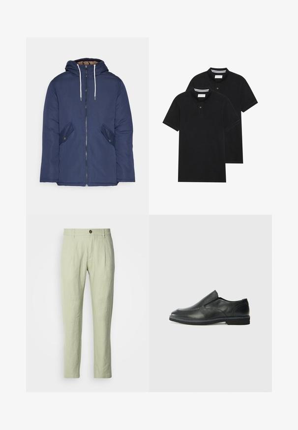 Námornícky modrá vystužená bunda s kapucňou, so zipsom vpredu, dvomi bočnými vreckami s gombíkmi a bielymi šnúrkami.; Dvé čierne polo tričká, krátke rukávy, vyrobené z bavlny, s klasickým golierom, dvojitým gombíkom a bielymi pruhmi vo vnútri goliera.; Svetlozelené ľanové nohavice s rovný strihom, s predným zapínaním na gombík, dvoma prednými vreckami a hladkou textúrou.; Čierny kožený nazúvací topánka s hladkým zvrškom, prešitými akcentmi, zaoblenou špičkou a nízkym gumovým podpätkom. Podošva má minimálny dezén.