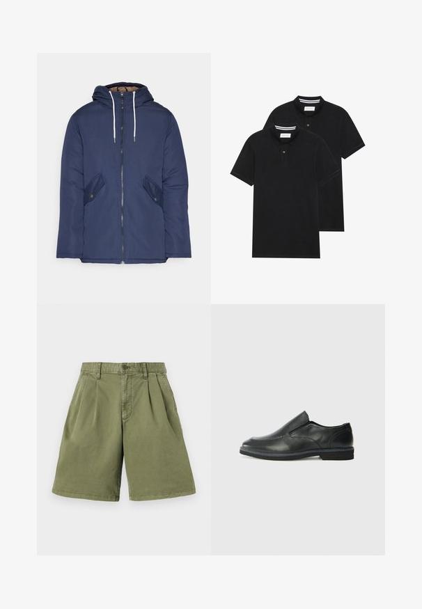 Marineblå polstret jakke med hette, med glidelås foran, to sidelommer med knapper og hvite snorer.; To svarte polo skjorter, kortermet, i bomullsmateriale, med krage i klassisk stil, to-knapps knappestolpe, og hvite striper inni kragen.; Kaki shorts med frontfolder, laget av bomullsblandingsstoff. Har beltesløyfer og knappelukking, med rett ben og ren kant.; Sorte skinn slip-on sko med en jevn overflate, stikking detaljer, rund tå og en lav gummihæl. Sålen har minimal mønstring.