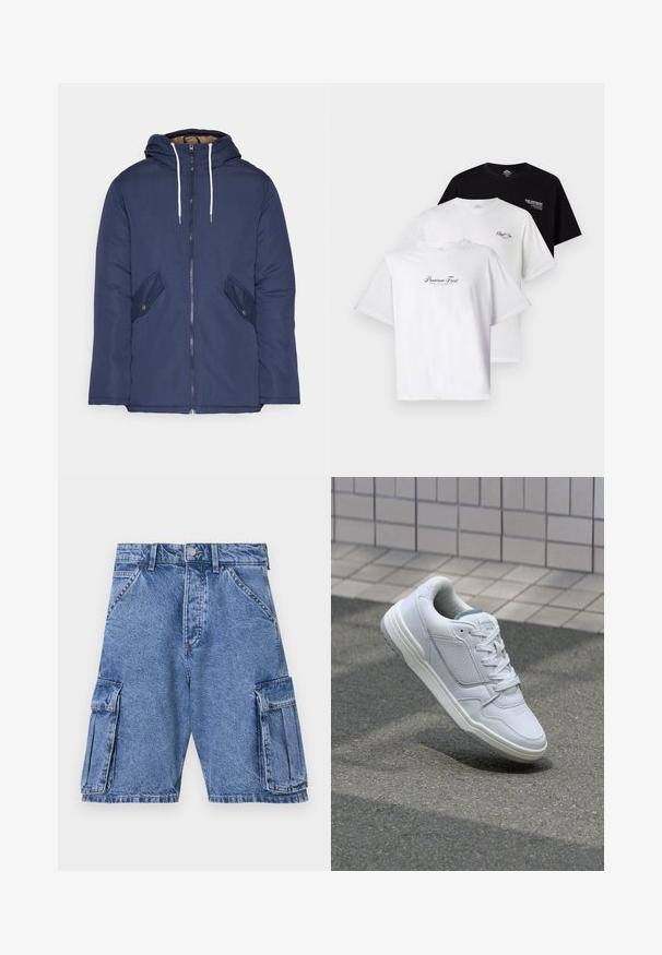 Tumesinine vahtkatseline jakk, millel on kapuuts, esilukk, kaks küljetaskut nupuga ja valged tõmblukud.; Kolm T-särki pakis: üks must, kaks valget. Lühikesed varrukad, ümmargune kaelus, rinnal kontrastsete värvidega teksti graafika. Puuvillane materjal.; Sinise teksatooted, kõrge vöökoht, mitmed külje-kotid ja klassikaline viie tasku disain. Kivipesu tekstuur.; Valge nahkne toss, millel on perforeeritud külgedega, tekstuuriga aktsendid, lame pael ja kontrastne hall konts. Omab veidi tõstetud tallat.