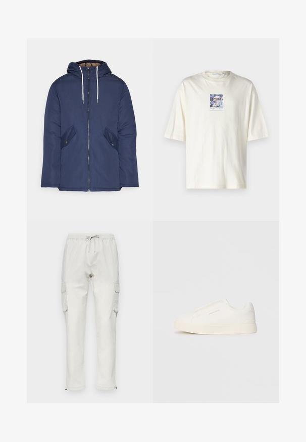 Marineblau gepadded Jacke mit Kapuze, ausgestattet mit einem Reißverschluss vorne, zwei seitlichen Taschen mit Knöpfen und weißen Kordeln.; Kurzärmliges cremefarbenes T-Shirt aus Baumwolle mit einer quadratischen Grafik einer New Yorker Straßenszene in der Mitte. Standard Crewneck-Design.; Helle beige Cargo-Hosen aus Baumwolle mit einem elastischen Bund und Kordelzug, ausgestattet mit Seitentaschen und Reißverschlüssen an den Knöcheln.; Weiße Slip-On-Sneaker mit einer strukturierten Oberfläche, dicker Sohle und minimalistischem Design. Mit Logo der Marke an der Seite.