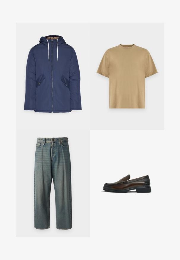 Jūrinė mėlyna pūkinė striukė su kapišonu, turinti priekinį užtrauktuką, dvi šonines kišenes su sagomis ir baltus raiščius.; Kaki trumpas rankovėmis marškinėliai, pagaminti iš minkštos medžiagos, su apvaliu iškirpimu ir laisvu siluetu. Nėra matomų raštų ar grafikos.; Šviesiai mėlyni džinsai su laisvu siluetu, vidutinio aukščio juosmeniu ir tiesiomis kojomis. Su penkiais kišenėmis, diržo kilpo ir mygtukų uždarymu.; Rudos odinės loafers tipo avalynės su apvalia nosimi, siuvinėtomis detalėmis viršuje, lygiu paviršiumi ir kontrastingu juodu guminio pado.