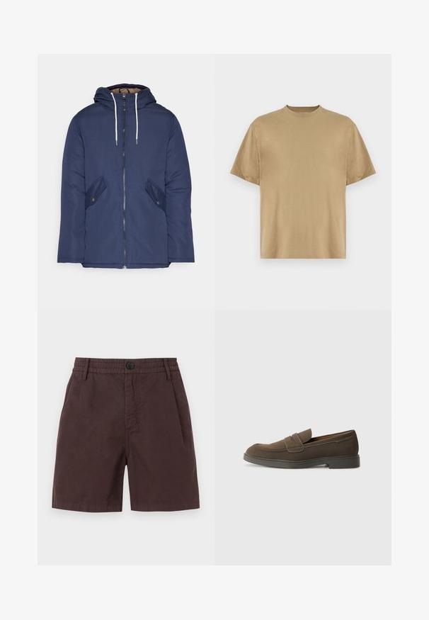 Tumesinine vahtkatseline jakk, millel on kapuuts, esilukk, kaks küljetaskut nupuga ja valged tõmblukud.; Khaki lühikeste varrukatega T-särk, mis on valmistatud pehmest kangast, ümara kaelusega ja mugava lõikega. Mustreid ega graafikat pole.; Pruunist puuvillast lühikesed püksid, millel on elastne vöökoht ja üks nupuvajutus. Omavad külgpesi ja siledat tekstuuri.; Pruunist sametist mokassiini ümarate varvastega, rihmaga vampi üle ja lame kummist tald. Lihtne disain puhta joontega ja minimaalsete detailidega.