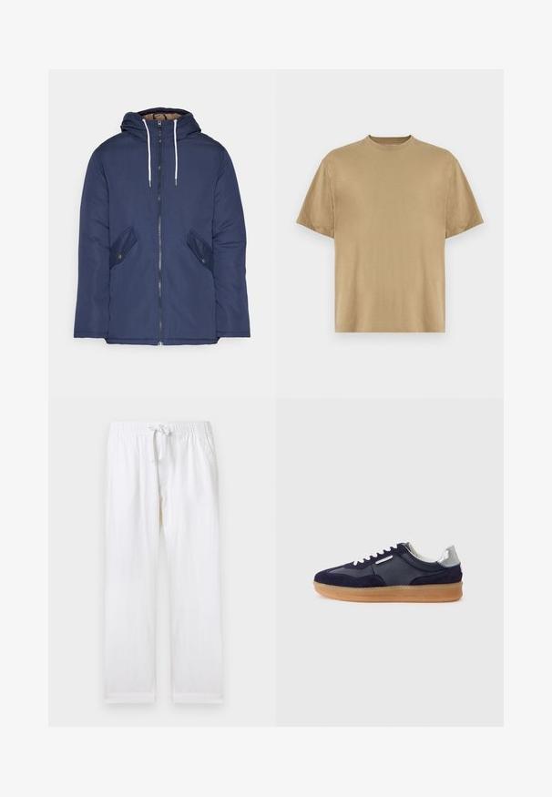 Marineblå polstret jakke med hette, med glidelås foran, to sidelommer med knapper og hvite snorer.; Khaki kortermet T-skjorte laget av mykt stoff, med rund hals og en avslappet passform. Ingen mønstre eller grafikk er synlige.; Hvite avslappede bukser med elastisk linning og justerbar snøring. Har sidelommer og en myk bomullstekstur.; Marineblå blåsuede- og lædersneakers med gummisål, hvide snørebånd og en sølv accent på hælen. Lavt design med teksturerede detaljer.