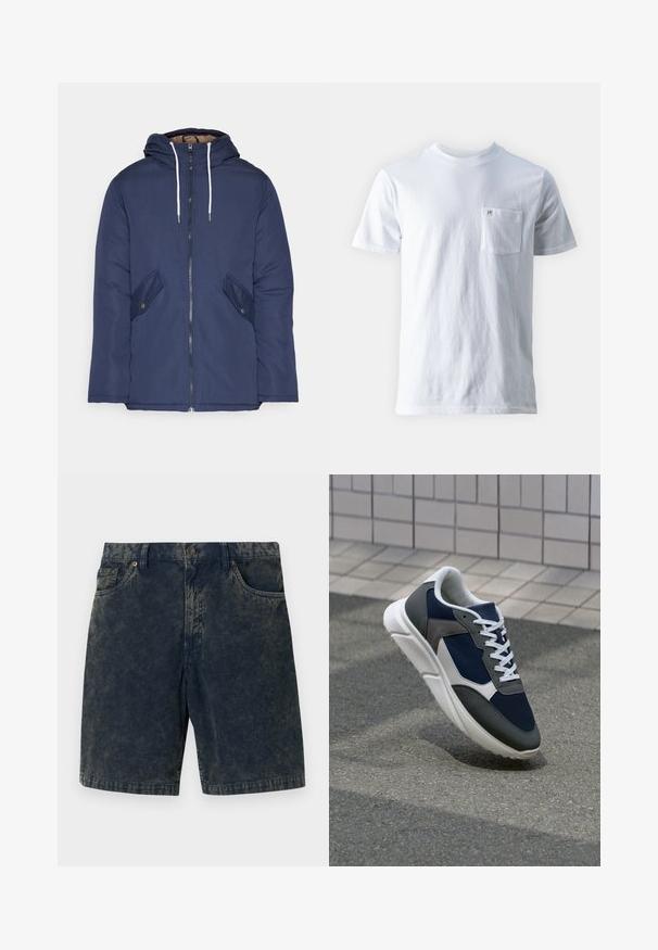Námorně modrá prošívaná bunda s kapucí, která má přední zip, dvě boční kapsy s knoflíky a bílé šňůrky.; Bílá bavlněná tričko s kulatým výstřihem, krátkými rukávy a kapsou na levé straně hrudi, s malým logem na kapse. Hladká textura.; Tmavě modré kordové šortky s knoflíkovým zapínáním, dvěma předními kapsami a jemnými světlejšími pruhy po celé látce.; Tenisky s horní částí z námornicky modré síťoviny, šedými semišovými akcenty, bílou gumovou podrážkou a plochými bílými tkaničkami, navržené pro pohodlí a prodyšnost.
