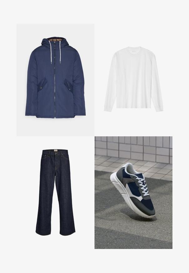 Giacca imbottita blu navy con cappuccio, dotata di zip frontale, due tasche laterali con bottoni e lacci bianchi.; Maglietta bianca a manica lunga in cotone con scollo rotondo, polsini a costine e orlo dritto, texture liscia e design minimalista.; Jeans a gamba larga di un blu scuro, realizzati in denim, con zip frontale, cinque tasche e cuciture a contrasto. Gli orli sono grezzi.; Sneaker con tomaia in rete blu navy, inserti in suede grigio, suola in gomma bianca e lacci bianchi piatti, progettata per comfort e traspirabilità.
