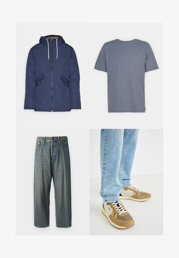 Casaco acolchoado azul-marinho com capuz, apresentando um fecho frontal com zíper, dois bolsos laterais com botões e cordões brancos.; T-shirt cinza de manga curta com gola redonda, feita de um tecido suave em mistura de algodão. Design simples, sem padrões ou detalhes.; Jeans de ganga azul claro com um corte solto, cintura média e pernas retas. Apresenta cinco bolsos, passadores de cinto e fecho com botão.; Sneakers bege e creme com materiais de malha e camurça, apresentando uma ponta padrão, acentos em azul-marinho contrastantes e uma sola texturizada.