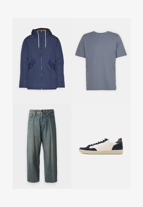 Námornícky modrá vystužená bunda s kapucňou, so zipsom vpredu, dvomi bočnými vreckami s gombíkmi a bielymi šnúrkami.; Šedé tričko s krátkymi rukávmi a okrúhlym výstrihom, vyrobené z jemnej bavlnenej zmesi. Jednoduchý dizajn, bez vzorov alebo akcentov.; Svetlomodré denimové nohavice so voľným strihom, stredne vysokým pásom a rovnými nohavicami. Obsahujú päť vreciek, pútka na opasok a zapínanie na gombík.; Kožené a semišové tenisky v námorníckej modrej a krémovej farbe s gumovou podrážkou, okrúlymi špičkami a bielym šnurovaním. Obsahujú perforované detaily na stranách.