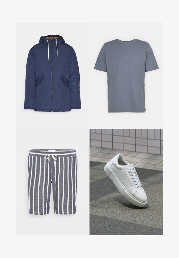 Veste matelassée bleu marine avec capuche, dotée d'une fermeture éclair à l'avant, de deux poches latérales avec boutons et de cordons de serrage blancs.; T-shirt gris à manches courtes avec un col rond, fabriqué en un doux tissu en mélange de coton. Design simple, sans motifs ni accents.; Shorts rayés bleu et blanc en tissu texturé, dotés d'une taille élastique avec cordon de serrage. Longueur jusqu'à mi-cuisse.; Baskets en cuir blanc avec une surface lisse, bout rond et lacets plats blancs. Présentent une semelle en caoutchouc texturée et des éléments de design minimalistes.