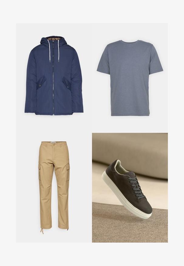 Navy blue padded jacket with a hood, featuring a front zipper, two side pockets with buttons, and white drawstrings.; Gray short-sleeve T-shirt with a round neck, made of soft cotton blend fabric. Simple design, no patterns or accents.; Khaki cargo pants with a straight fit, made of cotton. Features include side pockets, a button closure, and adjustable ankle ties.; Dark gray suede sneaker with matching laces and white rubber sole, positioned above a textured beige surface with soft background.