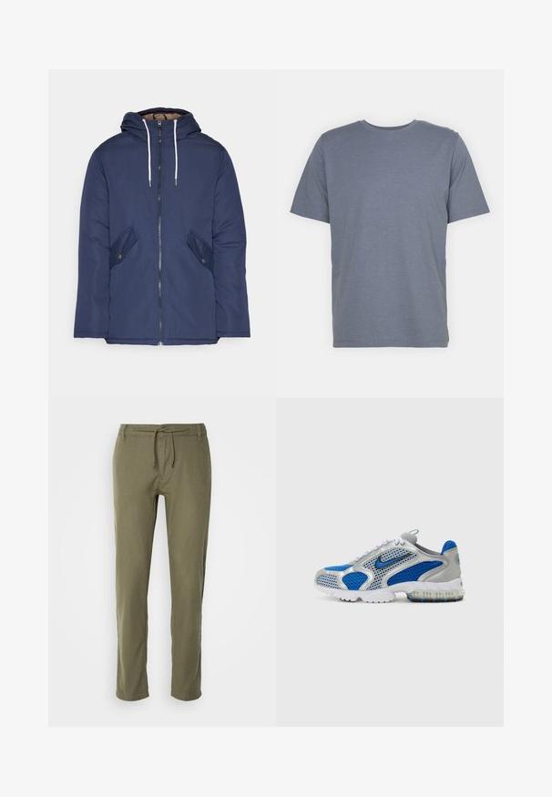 Mornarsko modra podložena jakna s kapuco, ki ima sprednji zadrgo, dva stranska žepa s gumbi in bele vrvice.; Siv majica s kratkimi rokavi in okroglo ovratnikom, izdelana iz mehkega bombažnega blaga. Preprost dizajn, brez vzorcev ali dodatkov.; Olive zelene, lahke hlače s ravnim krojem, nastavljivim pasom z vrvico in subtilno teksturirano tkanino. Žepi niso vidni.; Modri in srebrni športni čevlji z mrežastimi paneli, podloženim ovratnikom in prozornim podplatom z modrimi detajli. Kontrastne vezalke dopolnjujejo obliko.