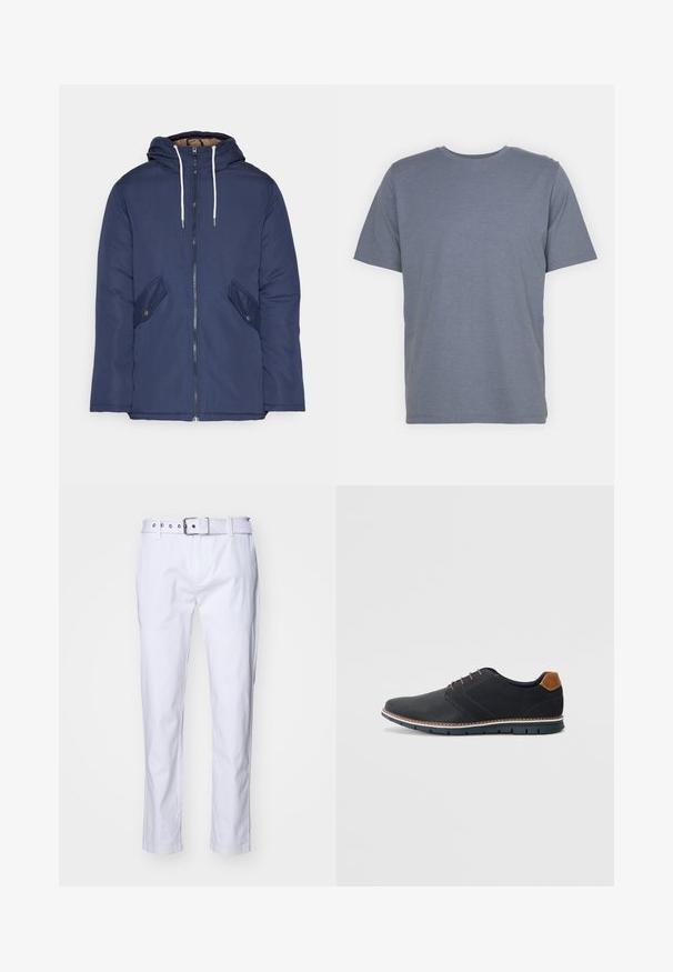 Sötétkék bélelt dzseki kapucnival, elülső cipzárral, két oldalsó zsebbel gombokkal és fehér húzózsinórokkal.; Szürke, rövid ujjú póló, kerek nyakkal, puha pamut keverékből készült. Egyszerű dizájn, minta vagy díszítés nélkül.; Fehér pamut nadrág egyenes szabással, textúrált anyaggal, övbucskákkal és ezüst hardware elemekkel rendelkező, hozzá illő övvel.; Fekete szintetikus cipők, textúrált felsőrésszel, sima díszítésekkel, barna sarkával és kontrasztos talppal. Minimális fűzéssel és varrási részletekkel rendelkezik.