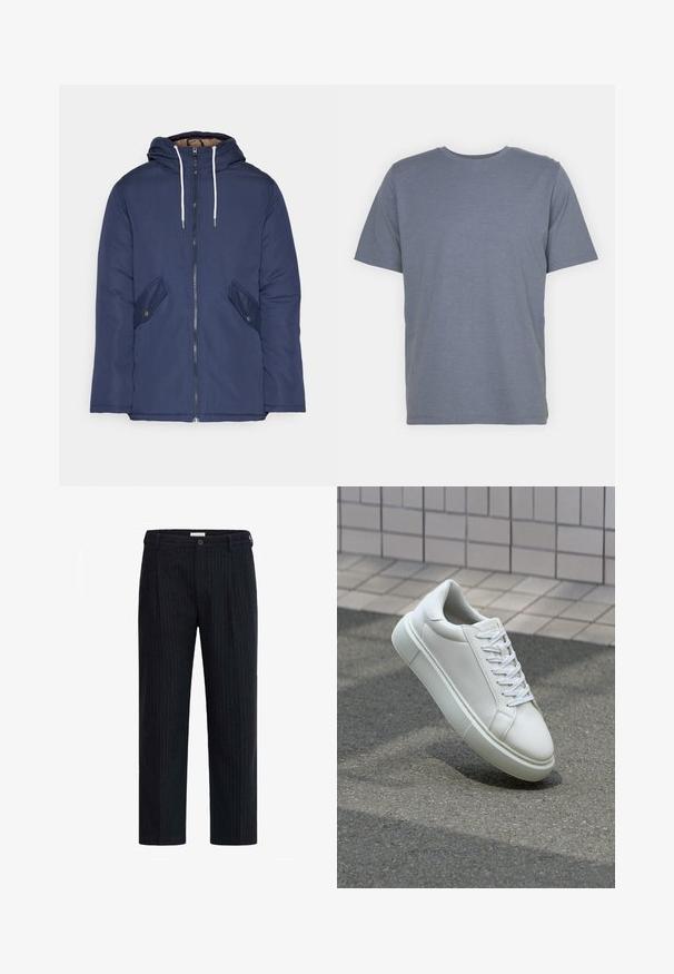 Marineblauwe gewatteerde jas met een capuchon, voorzien van een rits aan de voorkant, twee zijzakken met knopen en witte trekkoorden.; Grijze T-shirt met korte mouwen en een ronde hals, gemaakt van een zachte katoenmix. Eenvoudig ontwerp, zonder patronen of accenten.; Donker gestreepte broek met een recht model, knoopsluiting en nette plooien, gemaakt van een gestructureerde stof.; Witte leren sneaker met een glad oppervlak, ronde neus en platte witte veters. Voorzien van een gestructureerde rubberen zool en minimale ontwerpelementen.
