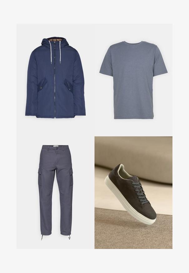 Navy plava podstava jakna s kapuljačom, koja ima prednji patentni zatvarač, dva bočna džepa s gumbima i bijele špage.; Siva majica s kratkim rukavima u kroju s okruglim izrezom, izrađena od mekane mješavine pamuka. Jednostavan dizajn, bez uzoraka ili naglasaka.; Cargo hlače od tamno sive pamučne tkanine. Imaju bočne džepove, dugme za zatvaranje i podesive donje dijelove s vezicama. Ravni kroj s glatkom teksturom.; Tamno sivi nubuk teniski s čipkastim vezicama u istoj nijansi i bijelim gumennim potplatom, postavljen iznad teksturirane bež površine s mekom pozadinom.