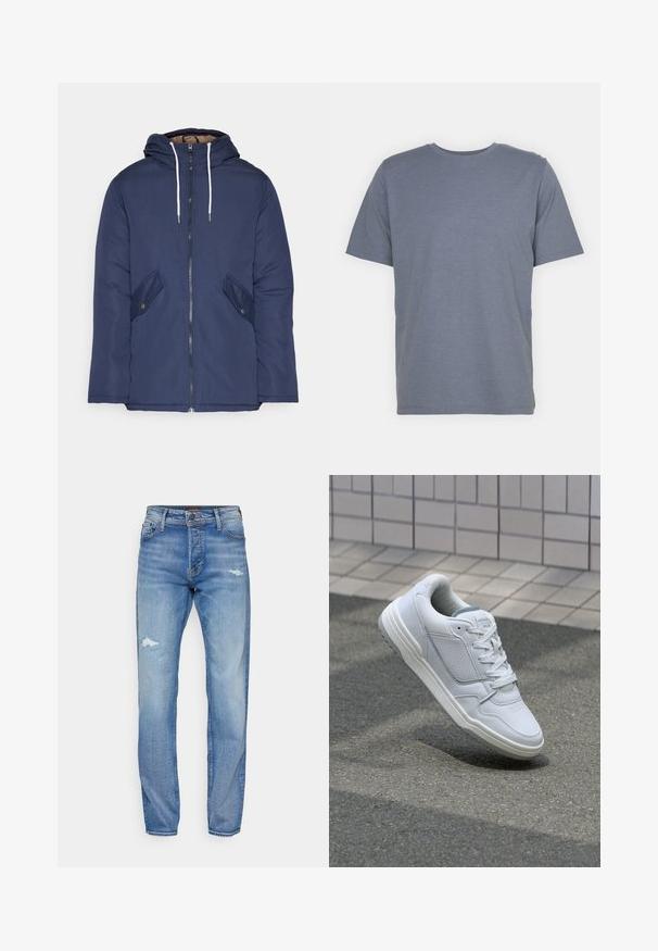 Chaqueta acolchada de color azul marino con capucha, cuenta con un cierre frontal de cremallera, dos bolsillos laterales con botones y cordones blancos.; Camiseta gris de manga corta con cuello redondo, hecha de una suave mezcla de algodón. Diseño simple, sin patrones ni acentos.; Vaqueros de mezclilla de color azul claro con corte recto, que presentan detalles desgastados y un ligero desteñido. Diseño clásico de cinco bolsillos, con cierre de botón.; Zapatilla blanca de cuero con lados perforados, acentos texturizados, cordones planos y un talón gris en contraste. Presenta una suela ligeramente elevada.