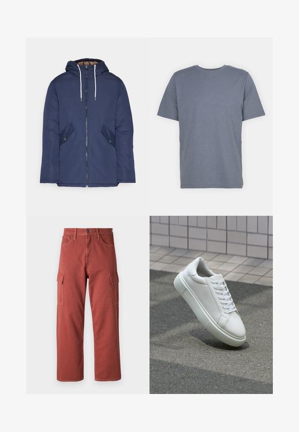 Navy plava podstava jakna s kapuljačom, koja ima prednji patentni zatvarač, dva bočna džepa s gumbima i bijele špage.; Siva majica s kratkim rukavima u kroju s okruglim izrezom, izrađena od mekane mješavine pamuka. Jednostavan dizajn, bez uzoraka ili naglasaka.; Cargo hlače u crvenkastosmeđoj boji, izrađene od čvrstog materijala, s bočnim džepovima, ravnim nogavicama i vidljivim šavovima.; Bijela kožna tenisica s glatkom površinom, okruglim vrhom i ravnim bijelim vezicama. Ima teksturiran gumeni potplat i minimalne dizajnerske elemente.