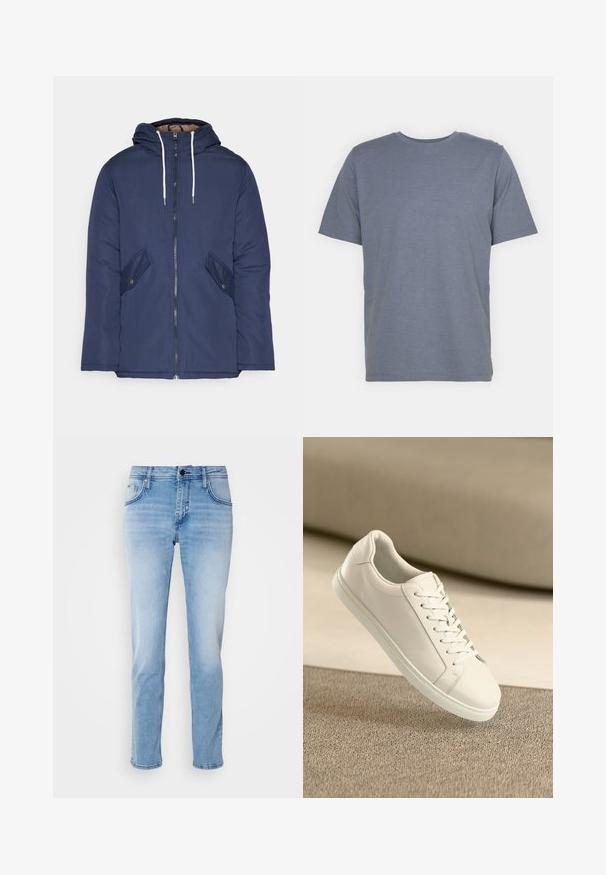 Námorně modrá prošívaná bunda s kapucí, která má přední zip, dvě boční kapsy s knoflíky a bílé šňůrky.; Šedé tričko s krátkým rukávem a kulatým výstřihem, vyrobené z měkké bavlněné směsi. Jednoduchý design, bez vzorů nebo akcentů.; Světlé modré džínové kalhoty s rovnými nohavicemi, se vybledlým vzhledem, pěti kapsami a standardním pasem s jedním knoflíkovým zapínáním.; Bílé kožené tenisky s bílými tkaničkami, vystavené na béžovém texturovaném povrchu s jemně rozostřeným pozadím.