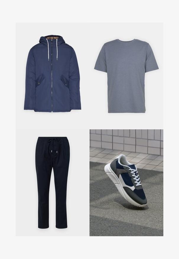 Jūras zila pufīgā jaka ar kapuci, kas aprīkota ar priekšējo rāvējslēdzēju, divām sānu kabatām ar pogām un baltiem aukliņām.; Pelēks īsām piedurknēm T-krekls ar apaļu kakla izgriezumu, izgatavots no mīkstas kokvilnas maisījuma auduma. Vienkāršs dizains, bez rakstiem vai akcentiem.; Tumši zili bikses, kas izgatavotas no viegla auduma, ar elastīgu jostasvietu un auklu, taisnām kājām un sarullētām piedurknēm.; Sporta apavi ar tumši zilas krāsas tīkla augšdaļu, pelēku zamšādas akcentiem, baltu gumijas zoli un plakaniem baltiem šņorēm, kas izstrādāti komfortam un elpojamībai.