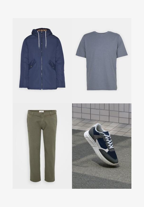 Marineblauwe gewatteerde jas met een capuchon, voorzien van een rits aan de voorkant, twee zijzakken met knopen en witte trekkoorden.; Grijze T-shirt met korte mouwen en een ronde hals, gemaakt van een zachte katoenmix. Eenvoudig ontwerp, zonder patronen of accenten.; Olivengroene chinos met een rechte snit, gemaakt van katoen met een lichte structuur, voorzien van een knoopsluiting en riemlussen.; Sneaker met een marineblauwe mesh bovenwerk, grijze suède accenten, witte rubberen zool en platte witte veters, ontworpen voor comfort en ademend vermogen.