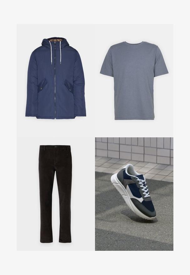 Sötétkék bélelt dzseki kapucnival, elülső cipzárral, két oldalsó zsebbel gombokkal és fehér húzózsinórokkal.; Szürke, rövid ujjú póló, kerek nyakkal, puha pamut keverékből készült. Egyszerű dizájn, minta vagy díszítés nélkül.; Fekete kordbársony nadrág egyenes szabással, egy gombos záródással és diszkrét textúrával. Minimalista stílus, látható minták nélkül.; Cipő, amelynek sötétkék hálós felsőrésze, szürke velúr díszítései, fehér gumitalpa és lapos fehér fűzője van, a kényelem és a légáteresztő képesség érdekében tervezve.