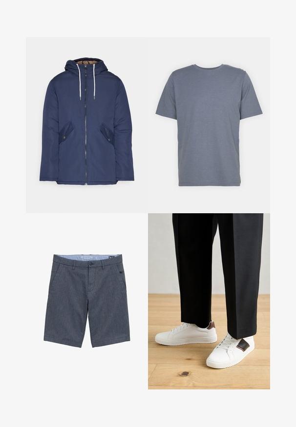 Marineblau gepadded Jacke mit Kapuze, ausgestattet mit einem Reißverschluss vorne, zwei seitlichen Taschen mit Knöpfen und weißen Kordeln.; Graues T-Shirt mit kurzen Ärmeln und Rundhalsausschnitt, aus weichem Baumwollmixstoff gefertigt. Schlichtes Design, keine Muster oder Akzente.; Grau gewebte Shorts mit flachem Frontdesign, seitlichen Taschen und Knopfverschluss. Verfügt über eine subtile Textur und ein Etikett am Bund.; Weiße Sneakers mit glatter Textur, versehen mit braunen Lederakzenten und schwarzen Details, kombiniert mit schwarzen maßgeschneiderten Hosen. Hintergrund aus Holzboden.