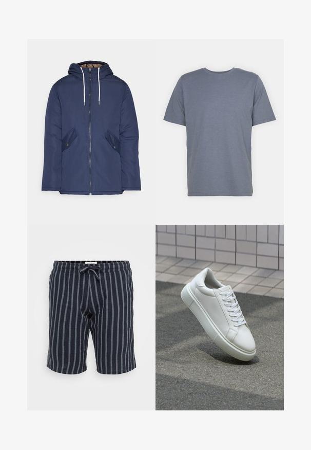 Veste matelassée bleu marine avec capuche, dotée d'une fermeture éclair à l'avant, de deux poches latérales avec boutons et de cordons de serrage blancs.; T-shirt gris à manches courtes avec un col rond, fabriqué en un doux tissu en mélange de coton. Design simple, sans motifs ni accents.; Shorts rayés bleu marine en tissu léger, avec une taille élastique dotée d'un cordon de serrage et des rayures verticales bleu clair.; Baskets en cuir blanc avec une surface lisse, bout rond et lacets plats blancs. Présentent une semelle en caoutchouc texturée et des éléments de design minimalistes.