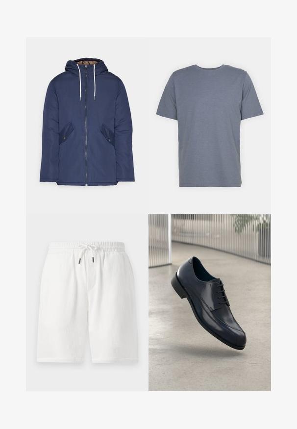 Veste matelassée bleu marine avec capuche, dotée d'une fermeture éclair à l'avant, de deux poches latérales avec boutons et de cordons de serrage blancs.; T-shirt gris à manches courtes avec un col rond, fabriqué en un doux tissu en mélange de coton. Design simple, sans motifs ni accents.; Shorts blancs texturés avec une taille élastique, fermeture à cordon, poches latérales et coupe décontractée. Convient pour une tenue décontractée.; Souliers habillés en cuir noir brillant avec des lacets, flottant au-dessus d'un sol lisse gris clair et de barres métalliques verticales en arrière-plan.