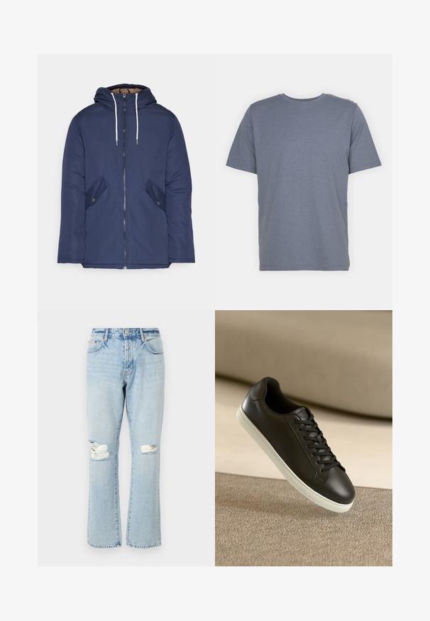 Jachetă căptușită bleu marin cu glugă, având un fermoar frontal, două buzunare laterale cu nasturi și șnururi albe.; Tricou gri cu mânecă scurtă, cu guler rotund, confecționat dintr-un material moale din amestec de bumbac. Design simplu, fără modele sau accente.; Jeans din denim de culoare albastru deschis, uzate, cu detalii de genunchi ripți, picior drept, cinci buzunare și țesătură de denim cu un aspect estompat.; Sneaker din piele neagră cu talpă din cauciuc alb și șireturi negre, plasat pe o suprafață și un fundal din material bej.