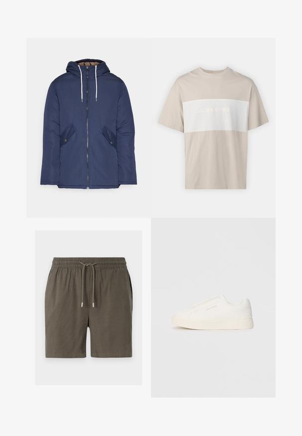 Jūrinė mėlyna pūkinė striukė su kapišonu, turinti priekinį užtrauktuką, dvi šonines kišenes su sagomis ir baltus raiščius.; Bežinis medvilninis marškinėliai su baltu horizontaliu juostele, ant kurios iškilmingomis raidėmis parašyta "JACK & JONES ESSENTIALS WORLDWIDE". Trumpomis rankovėmis.; Tamsiai žali šortai su elastinga juosmeniu, raišteliu ir lygiu, lengvu audiniu. Nėra matomų kišenių ar raštų.; Baltos slip-on sportbačiai su tekstūruota paviršiumi, storesniu padu ir minimalistišku dizainu. Šone matosi prekės ženklo logotipas.