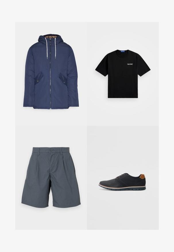 Marineblå polstret jakke med hette, med glidelås foran, to sidelommer med knapper og hvite snorer.; Svart bomull T-skjorte med rund hals og korte ermer. Har "POLO SPORT" logo på venstre bryst i hvitt. Standard passform.; Grå shorts laget av lett stoff, med frontknappåpning, to sidelommer og en rettskåret design.; Sorte syntetiske sko med en teksturert overdel, glatte detaljer, brun hæl og en kontrastfarge på sålen. Har minimalt snøring og sømdetaljer.