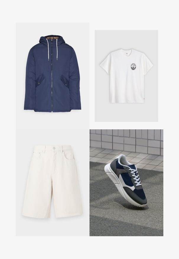 Marineblau gepadded Jacke mit Kapuze, ausgestattet mit einem Reißverschluss vorne, zwei seitlichen Taschen mit Knöpfen und weißen Kordeln.; Weißes Baumwoll-T-Shirt mit kurzen Ärmeln, Rundhalsausschnitt und einem schwarzen runden Logo auf der linken Brust, das ein stilisiertes Design zeigt.; Helle beigefarbene Denim-Shorts mit lockerer Passform, zwei Fronttaschen, einem Reißverschluss und einem Metallknopfverschluss.; Sneaker mit einem Obermaterial aus navyblauem Mesh, grauen Wildlederelementen, einer weißen Gummisohle und flachen weißen Schnürsenkeln, entworfen für Komfort und Atmungsaktivität.
