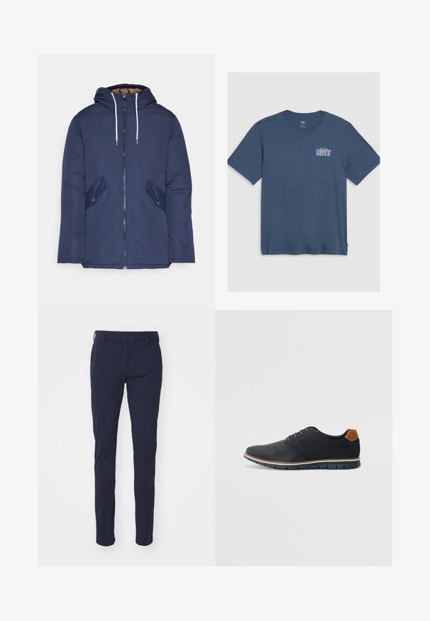 Chaqueta acolchada de color azul marino con capucha, cuenta con un cierre frontal de cremallera, dos bolsillos laterales con botones y cordones blancos.; Camiseta de algodón azul con cuello redondo y mangas cortas. Un logo blanco de "Levi's" está impreso en el área del pecho izquierdo. Diseño simple.; Pantalones color azul marino con una textura suave, diseño de corte ajustado, presillas para cinturón, cierre de botón y bolsillos delanteros. Sin patrones ni acentos visibles.; Zapatos sintéticos negros con un upper texturizado, acentos lisos, tacón marrón y una suela en contraste. Presenta un cordón mínimo y detalles de costura.