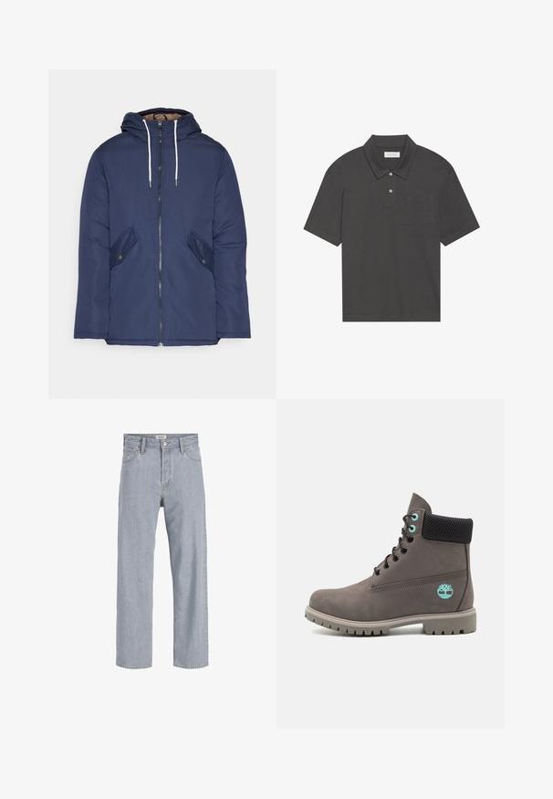 Giacca imbottita blu navy con cappuccio, dotata di zip frontale, due tasche laterali con bottoni e lacci bianchi.; Polo grigio scuro con colletto tradizionale, patta con tre bottoni, maniche corte e taschino a sinistra sul petto. Tessuto morbido.; Jeans in denim azzurro chiaro con vestibilità rilassata, design a gamba dritta, cuciture visibili, due tasche frontali e chiusura con bottone.; Timberland Stivaletti stringati - medium grey