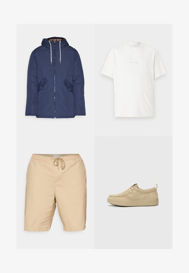 Veste matelassée bleu marine avec capuche, dotée d'une fermeture éclair à l'avant, de deux poches latérales avec boutons et de cordons de serrage blancs.; T-shirt en coton blanc avec un col rond, des manches courtes et un petit logo imprimé sur le devant. Texture lisse et coupe décontractée.; Shorts beige clair en tissu à texture lisse, dotés d'une taille élastique avec cordon de serrage et de poches latérales.; Chaussures beiges en suede à enfiler avec un bout rond, des coutures minimales et une semelle en caoutchouc. Texture douce avec un accent de marque subtil au talon.