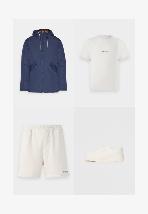 Veste matelassée bleu marine avec capuche, dotée d'une fermeture éclair à l'avant, de deux poches latérales avec boutons et de cordons de serrage blancs.; T-shirt en coton blanc à manches courtes, arborant un logo noir "JJ Studios" sur la poitrine. Col rond et coupe standard.; Shorts de couleur crème en mélange de coton doux, dotés d'une taille élastique et d'un logo bleu en bas à gauche.; Baskets blanches sans lacets avec une surface texturée, une semelle épaisse et un design minimaliste. Présente le logo de la marque sur le côté.